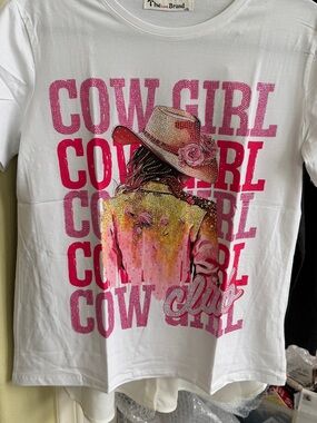 Cowgirl Graphic Tee in White with Pink Accents